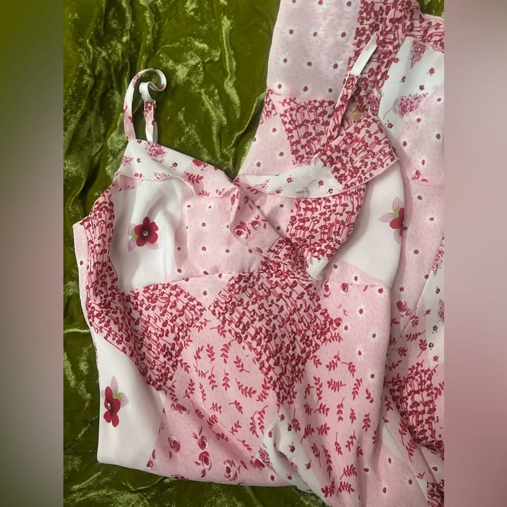 Vintage pink summer cottagecore flower floral plants sleeves white ruffles dress - Picture 3 of 8